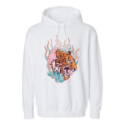 Cool Roaring Tiger Japanese Tattoo Garment-Dyed Fleece Hoodie