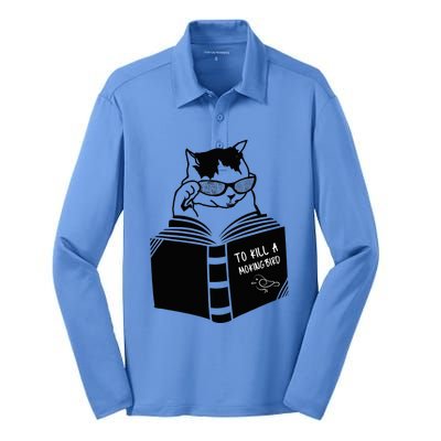 Cat Reading To Kill A Mockingbird Funny Silk Touch Performance Long Sleeve Polo