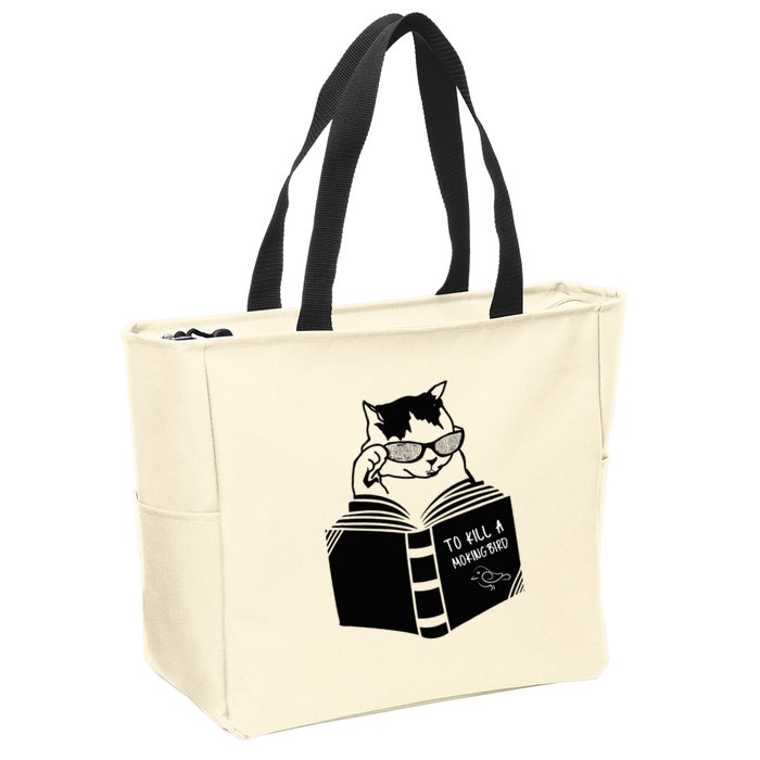 Cat Reading To Kill A Mockingbird Funny Zip Tote Bag