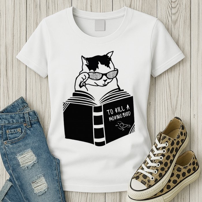 Cat Reading To Kill A Mockingbird Funny Womens T-Shirt