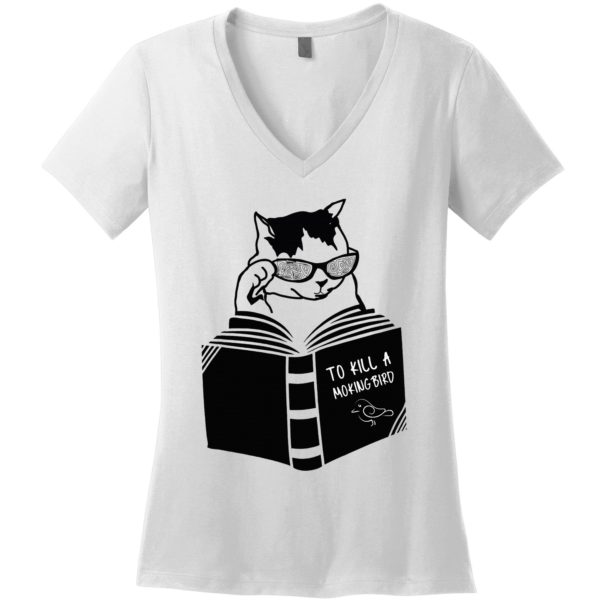 Cat Reading To Kill A Mockingbird Funny Women's V-Neck T-Shirt