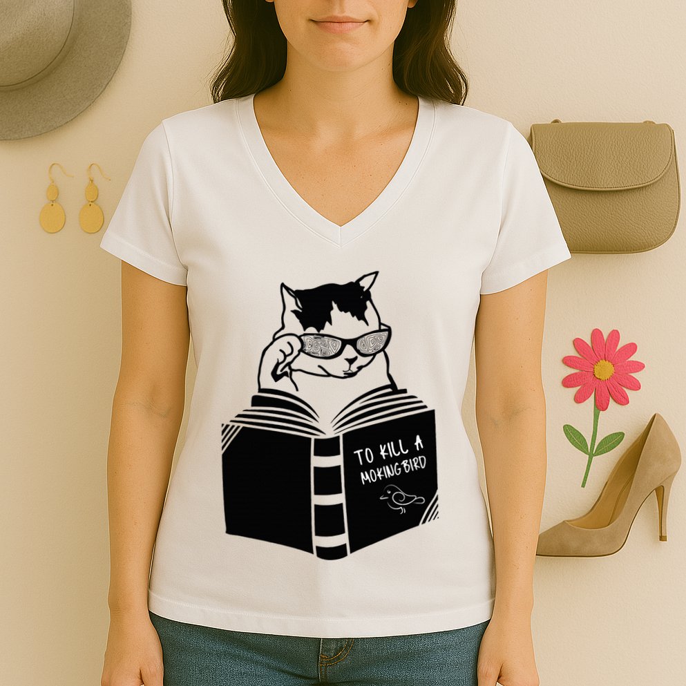 Cat Reading To Kill A Mockingbird Funny Women's V-Neck T-Shirt