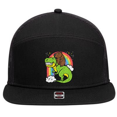 Capybara Riding Trex Dino Cute Capy Rodent 7 Panel Mesh Trucker Snapback Hat