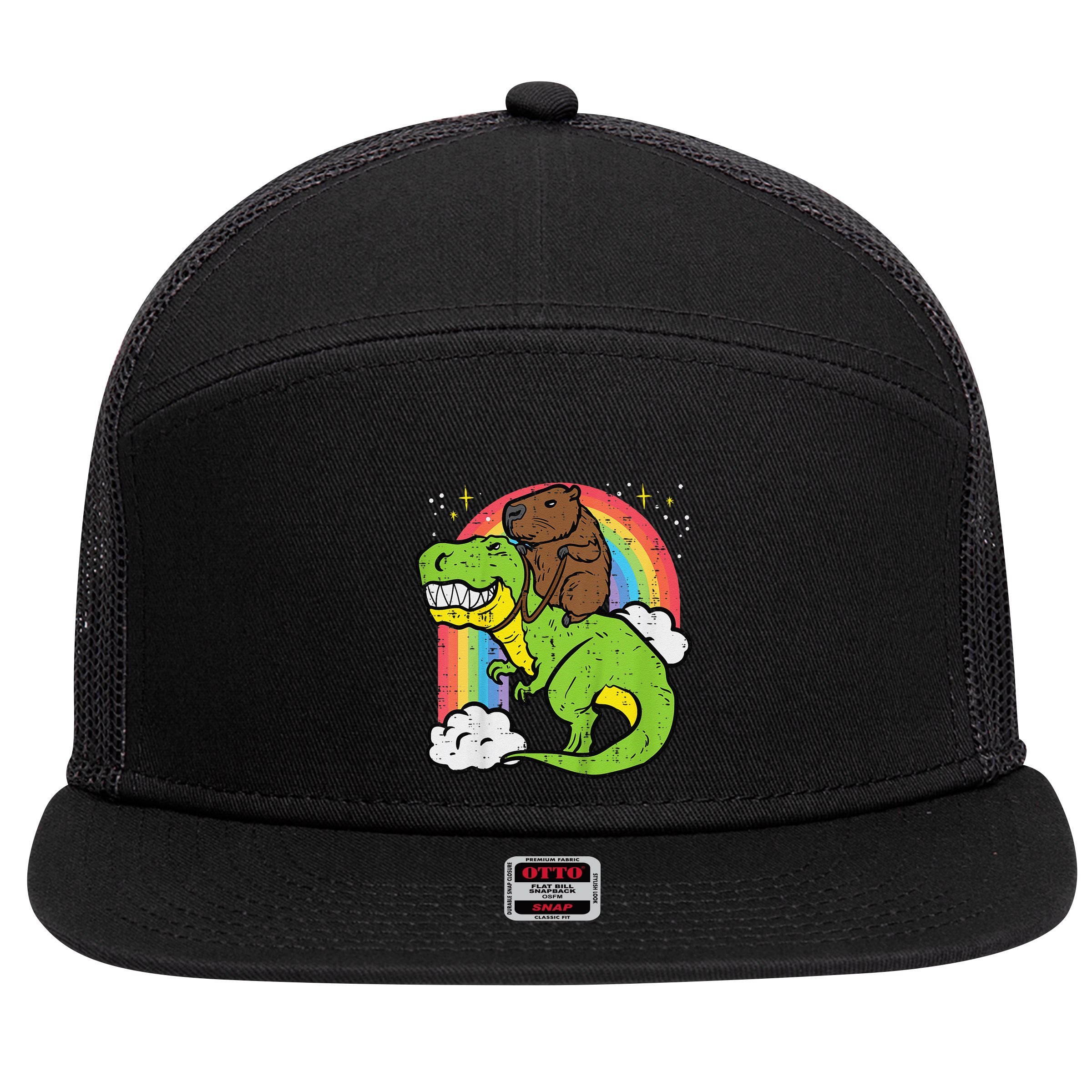 Capybara Riding Trex Dino Cute Capy Rodent 7 Panel Mesh Trucker Snapback Hat