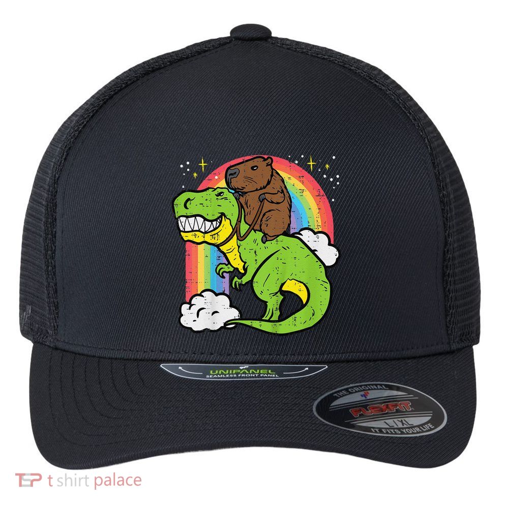 Capybara Riding Trex Dino Cute Capy Rodent Flexfit Unipanel Trucker Cap