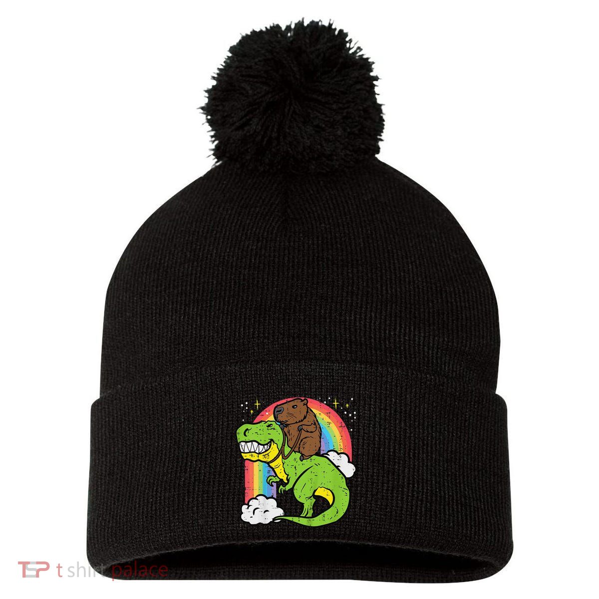 Capybara Riding Trex Dino Cute Capy Rodent Pom Pom 12in Knit Beanie