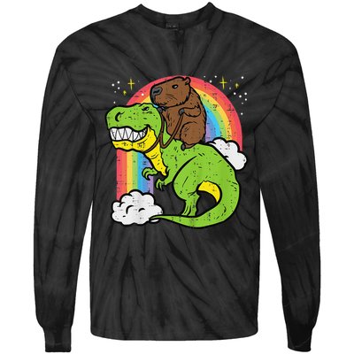 Capybara Riding Trex Dino Cute Capy Rodent Tie-Dye Long Sleeve Shirt