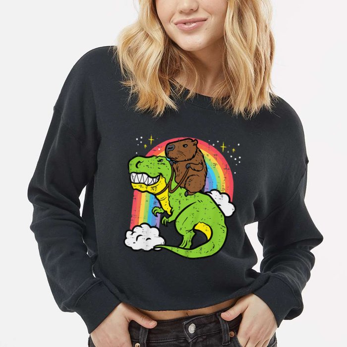 Capybara Riding Trex Dino Cute Capy Rodent Cropped Pullover Crew