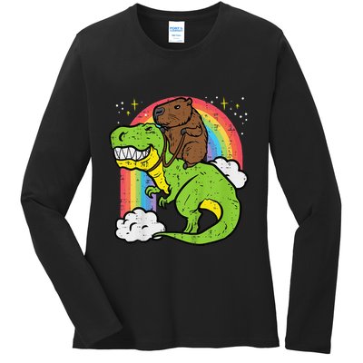 Capybara Riding Trex Dino Cute Capy Rodent Ladies Long Sleeve Shirt