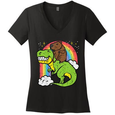 Capybara Riding Trex Dino Cute Capy Rodent Women's V-Neck T-Shirt
