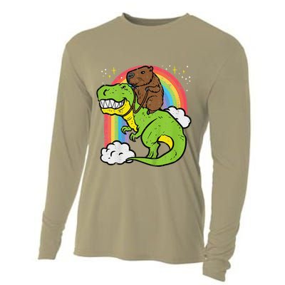 Capybara Riding Trex Dino Cute Capy Rodent Cooling Performance Long Sleeve Crew