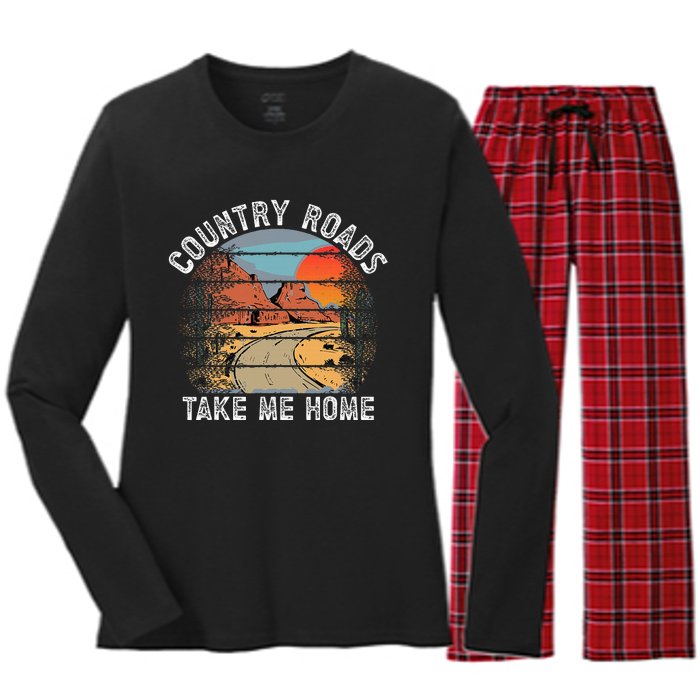 Country Roads Take Me Home Country Music Retro Women's Long Sleeve Flannel Pajama Set 