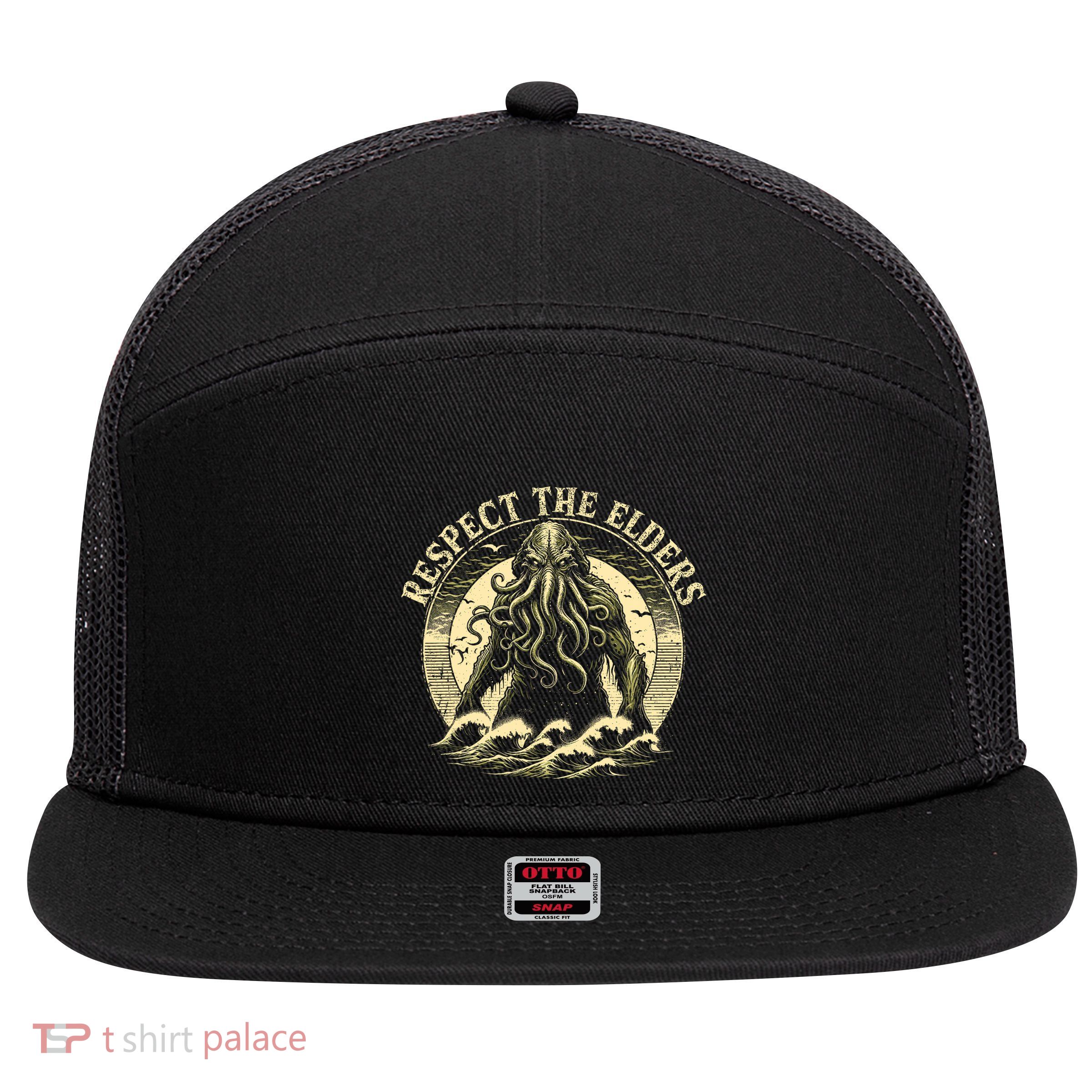 Cthulhu Respect The Elders Vintage Cosmic Horror 7 Panel Mesh Trucker Snapback Hat