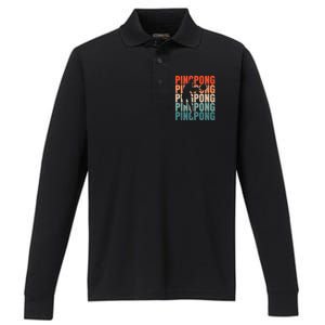 Cool Retro Text Silhouette Ping Pong Premium Performance Long Sleeve Polo