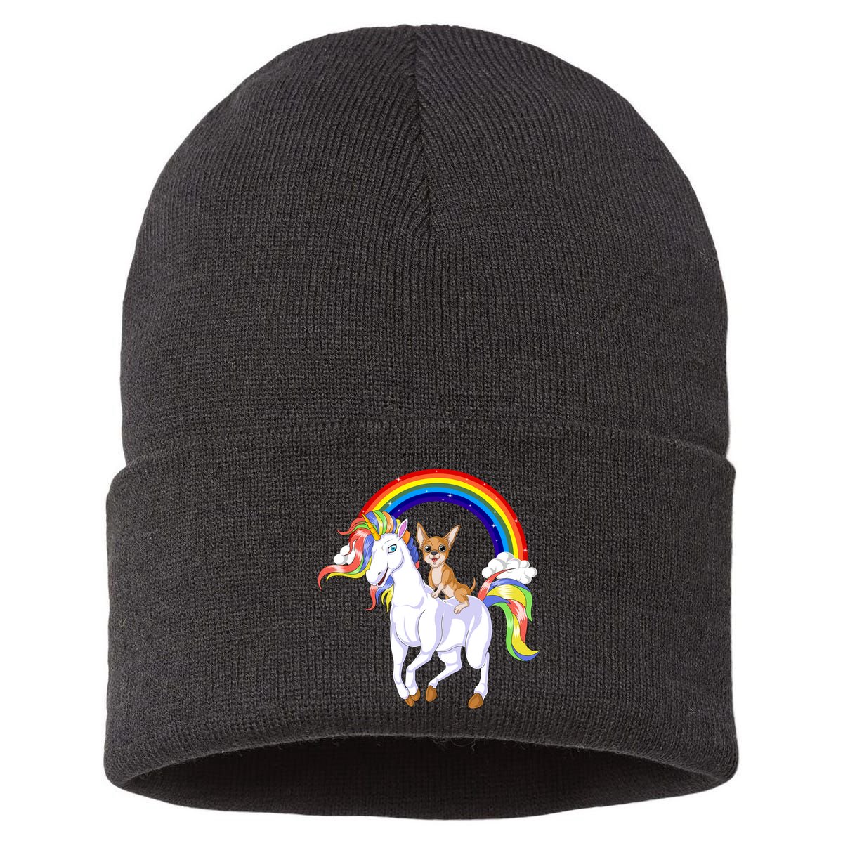 Chihuahua Riding Unicorn Sustainable Knit Beanie