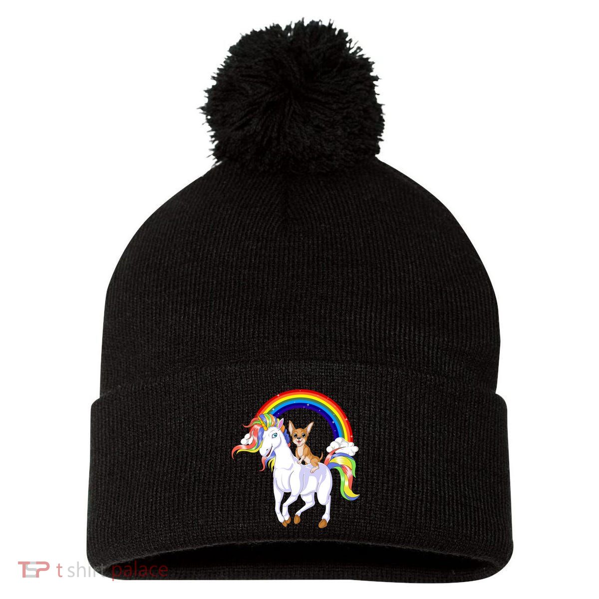 Chihuahua Riding Unicorn Pom Pom 12in Knit Beanie