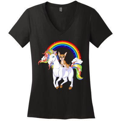 Chihuahua Riding Unicorn Women's V-Neck T-Shirt
