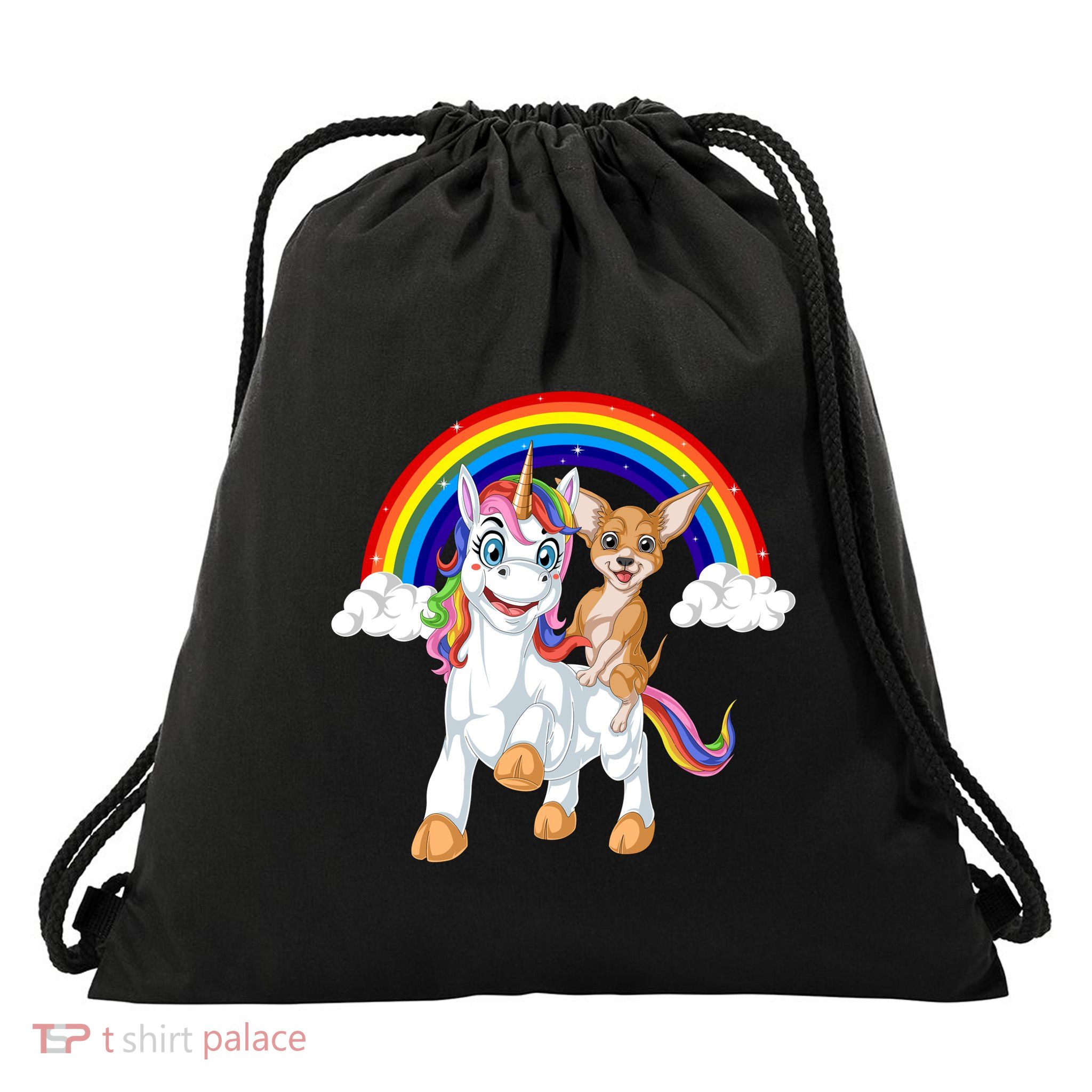 Chihuahua Riding Unicorn Drawstring Bag