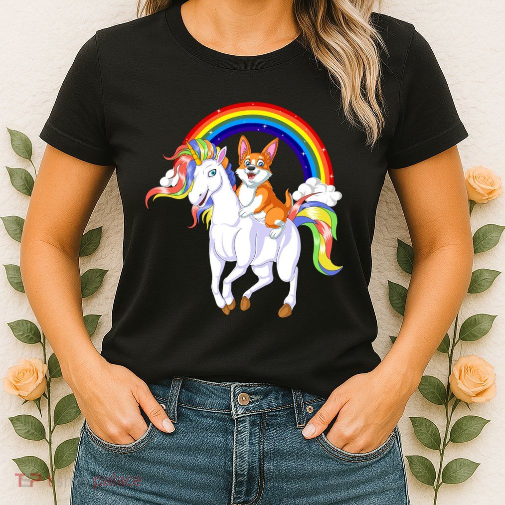 Corgi Riding Unicorn Womens T-Shirt