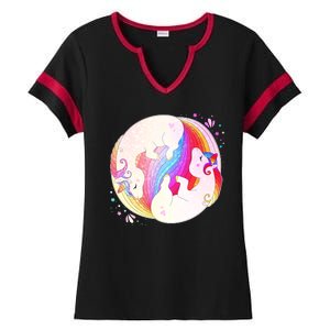 Cute Rainbow Unicorns Yin Yang Ladies Halftime Notch Neck Tee