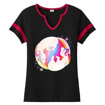 Cute Rainbow Unicorns Yin Yang Ladies Halftime Notch Neck Tee