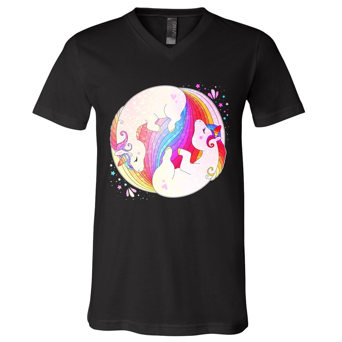 Cute Rainbow Unicorns Yin Yang V-Neck T-Shirt