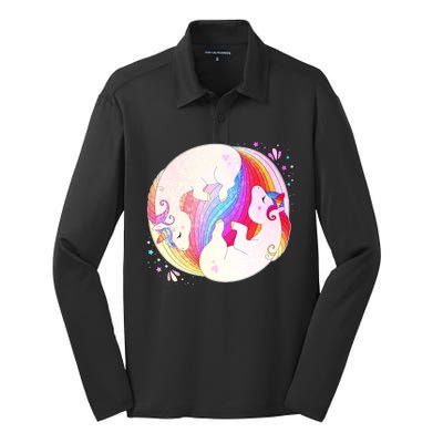 Cute Rainbow Unicorns Yin Yang Silk Touch Performance Long Sleeve Polo