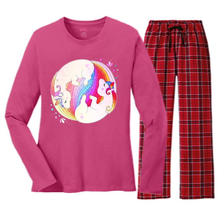 Cute Rainbow Unicorns Yin Yang Women's Long Sleeve Flannel Pajama Set 