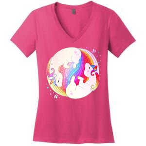 Cute Rainbow Unicorns Yin Yang Women's V-Neck T-Shirt