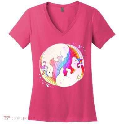 Cute Rainbow Unicorns Yin Yang Women's V-Neck T-Shirt