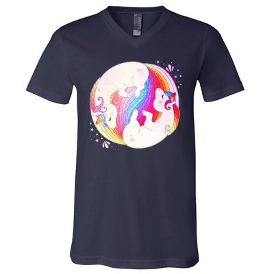 Cute Rainbow Unicorns Yin Yang V-Neck T-Shirt