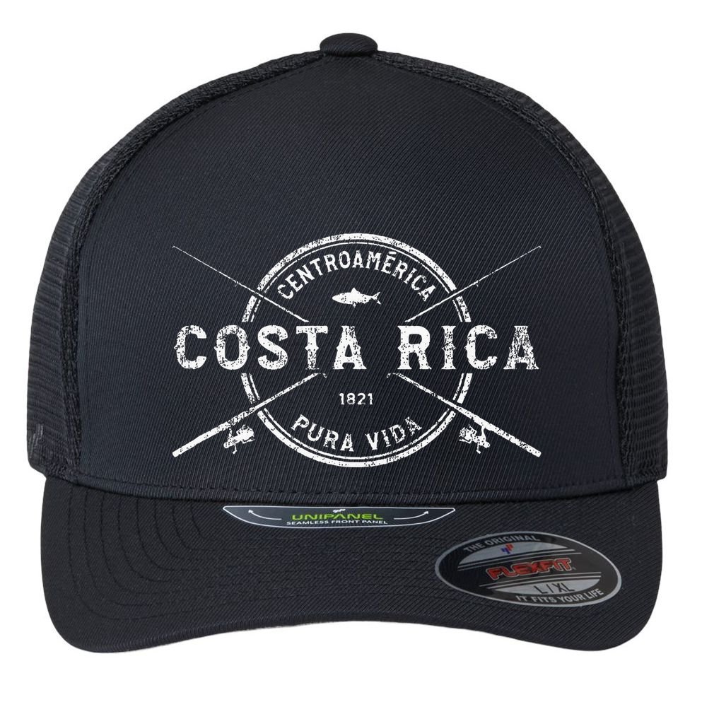 Costa Rica Vintage Crossed Fishing Rods Flexfit Unipanel Trucker Cap
