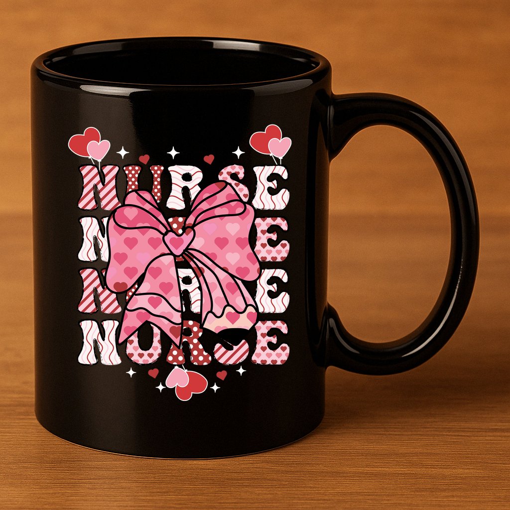 Cute Retro Valentines Day Nurse Heart Ribbon 11oz C Handle Ceramic Mug