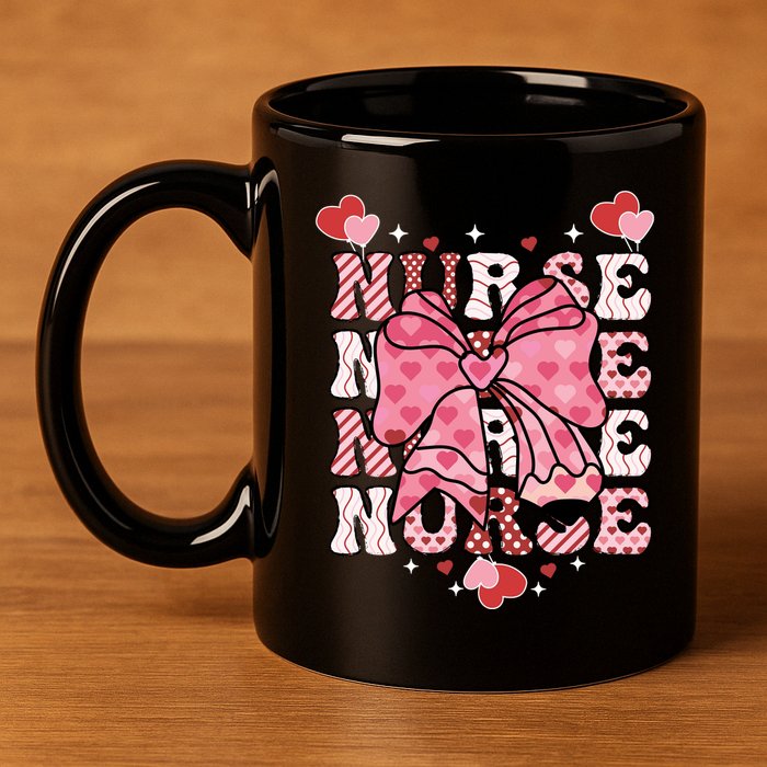 Cute Retro Valentines Day Nurse Heart Ribbon 11oz C Handle Ceramic Mug