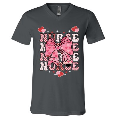 Cute Retro Valentines Day Nurse Heart Ribbon V-Neck T-Shirt