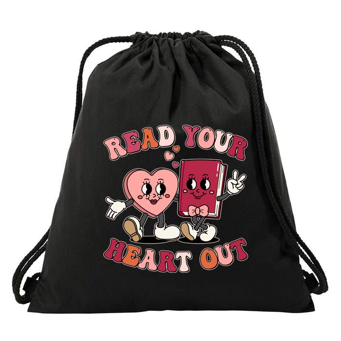Cute Retro Valentine Read Your Heart Out Book Lover Reading Fan Drawstring Bag