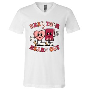 Cute Retro Valentine Read Your Heart Out Book Lover Reading Fan V-Neck T-Shirt