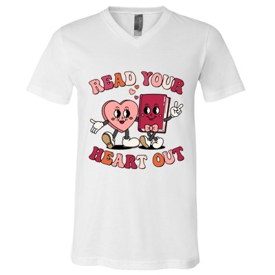 Cute Retro Valentine Read Your Heart Out Book Lover Reading Fan V-Neck T-Shirt
