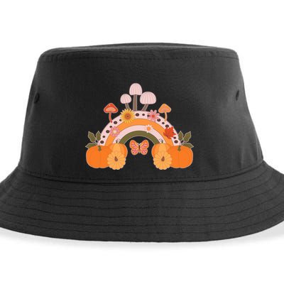Cute Retro Vintage Fall Autumn Rainbow Mushrooms Pumpkins Sustainable Bucket Hat