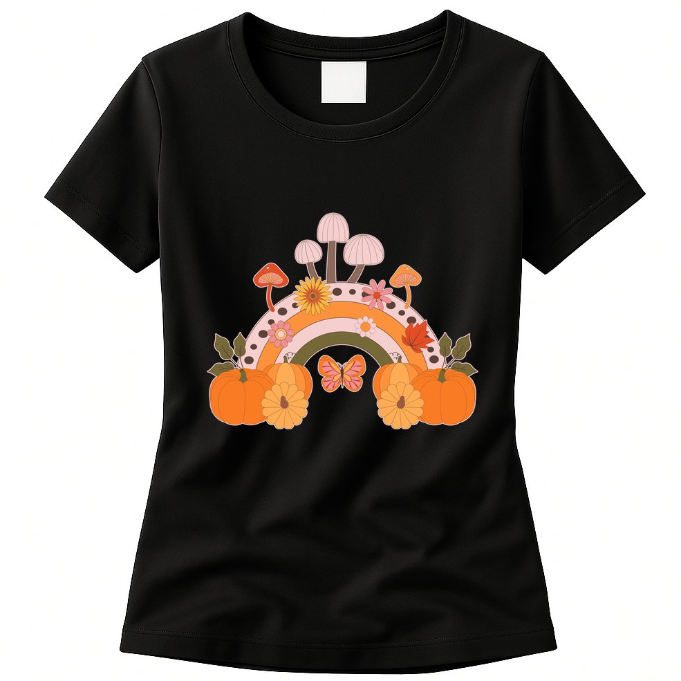 Cute Retro Vintage Fall Autumn Rainbow Mushrooms Pumpkins Womens T-Shirt