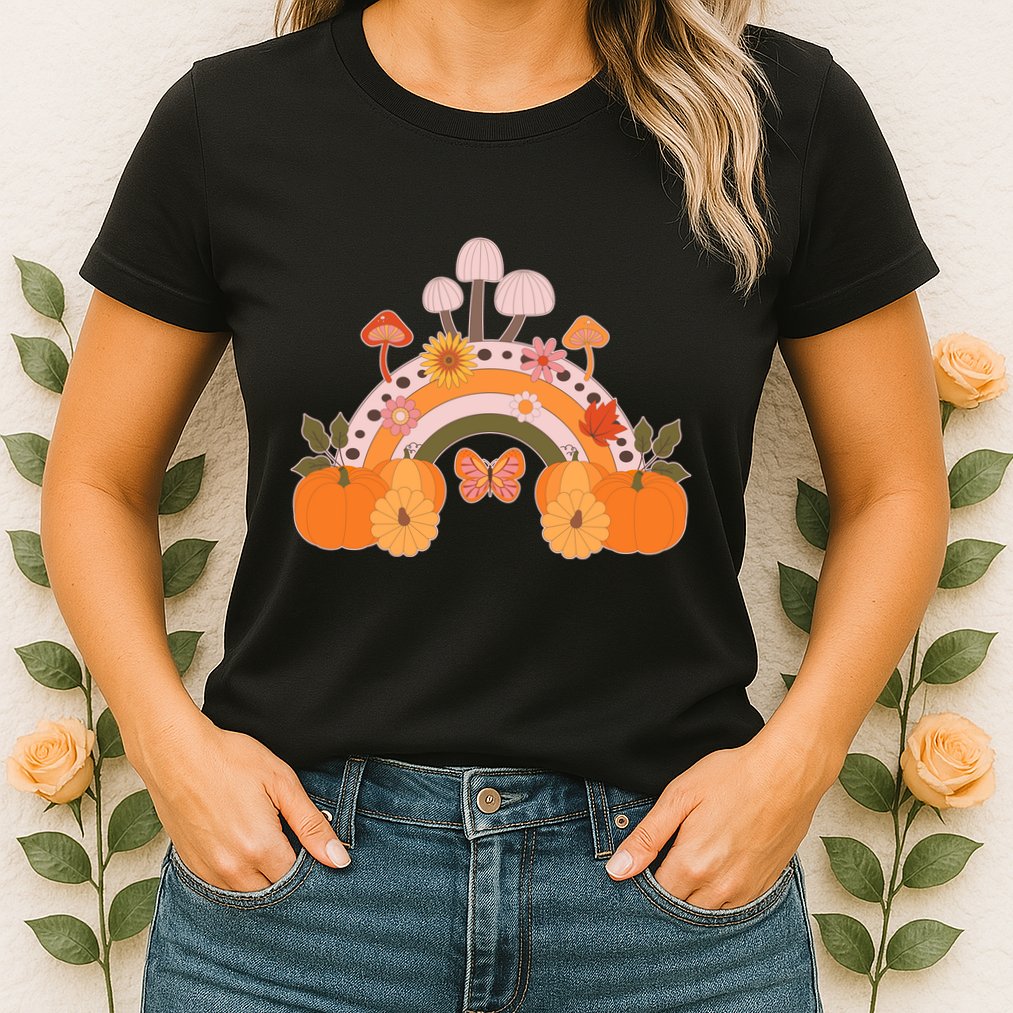 Cute Retro Vintage Fall Autumn Rainbow Mushrooms Pumpkins Womens T-Shirt