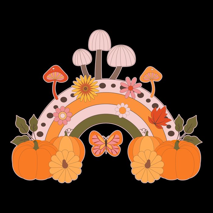 Cute Retro Vintage Fall Autumn Rainbow Mushrooms Pumpkins Womens T-Shirt