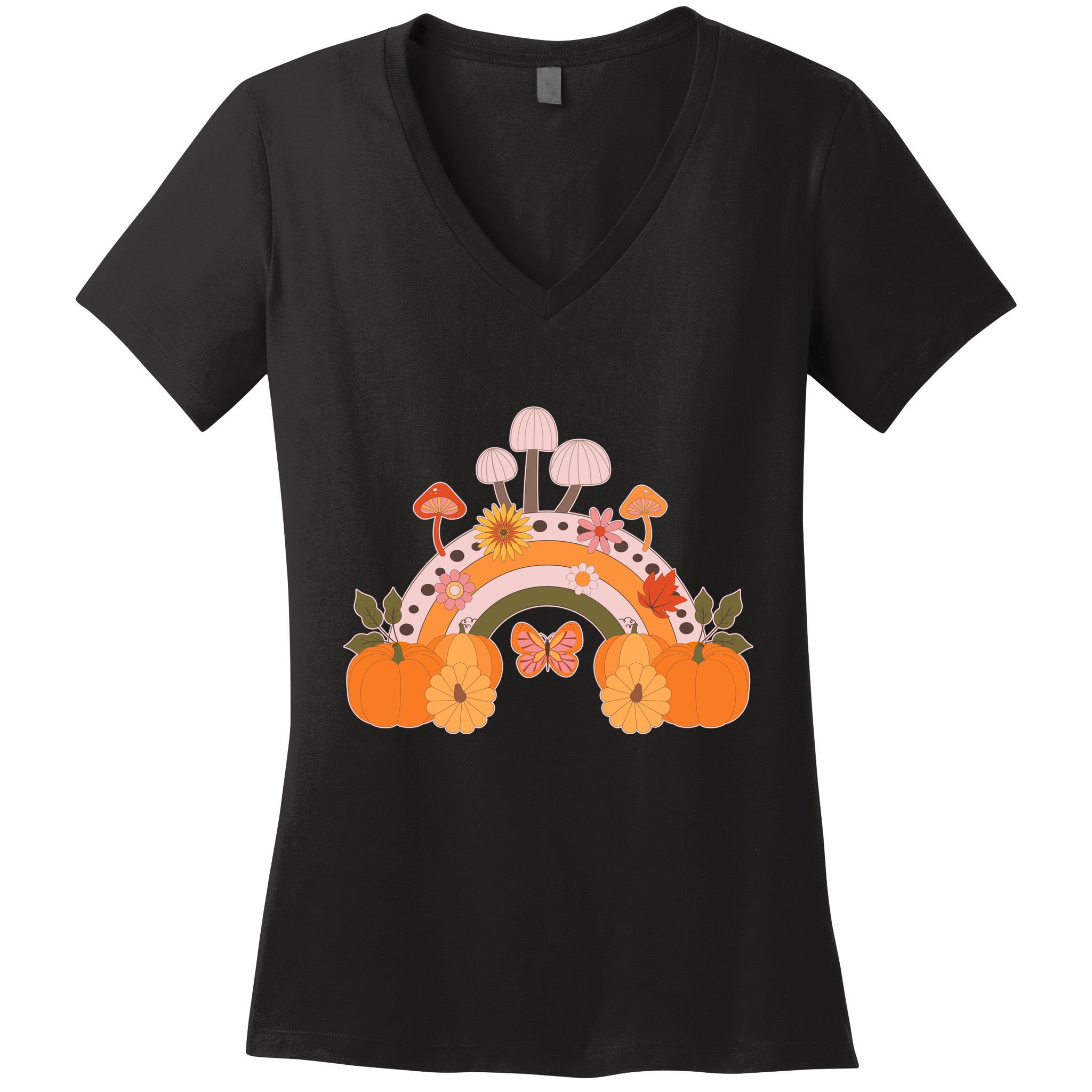 Cute Retro Vintage Fall Autumn Rainbow Mushrooms Pumpkins Women's V-Neck T-Shirt