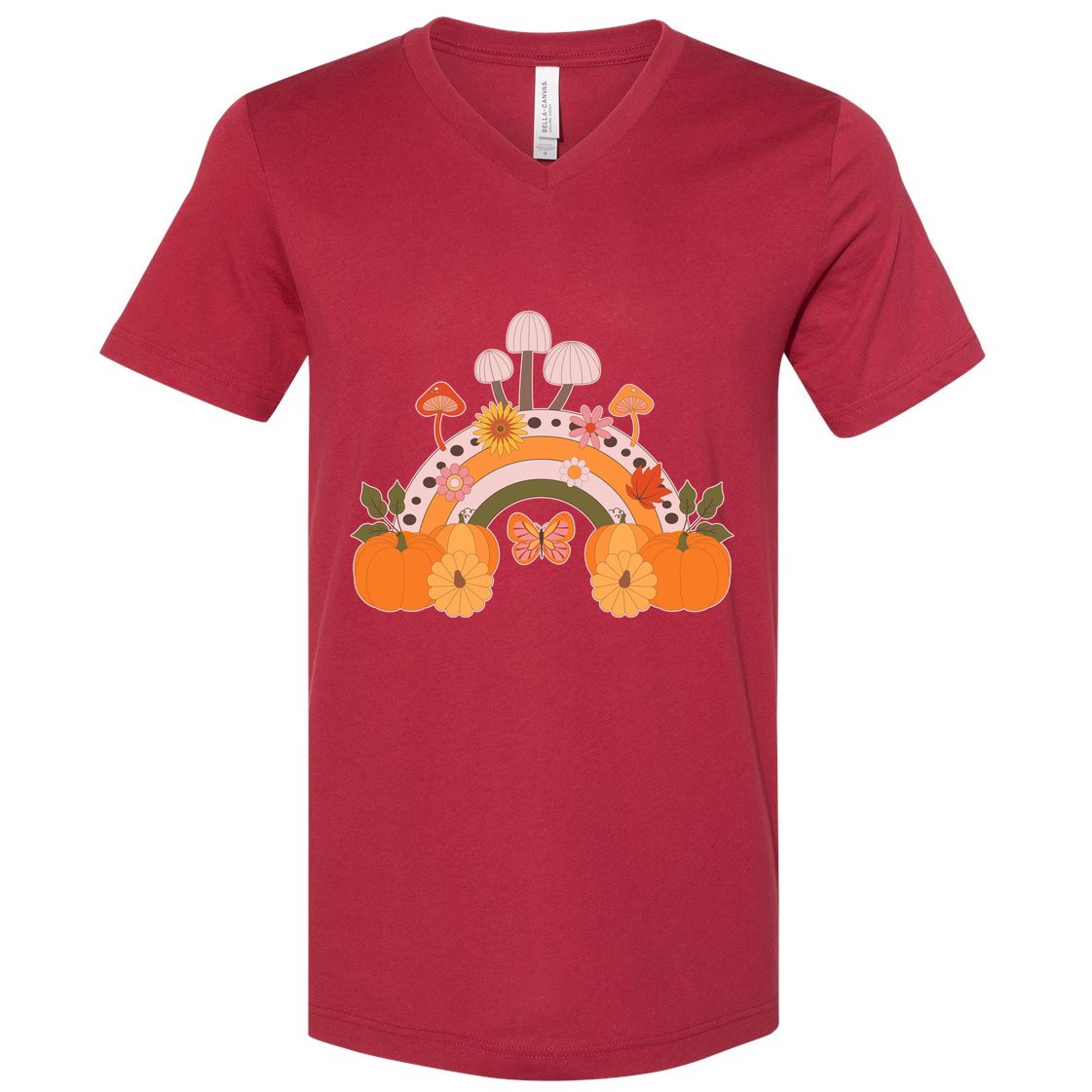Cute Retro Vintage Fall Autumn Rainbow Mushrooms Pumpkins V-Neck T-Shirt