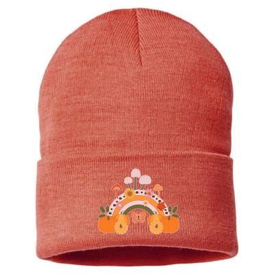 Cute Retro Vintage Fall Autumn Rainbow Mushrooms Pumpkins Sustainable Knit Beanie