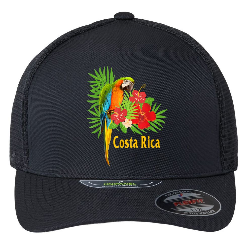 Costa Rica Vacation Parrot Tropical Flowers Flexfit Unipanel Trucker Cap