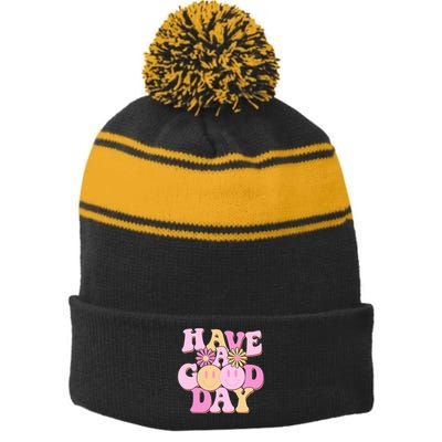 Cute Retro Vintage Hippy 60s Have A Good Day Stripe Pom Pom Beanie
