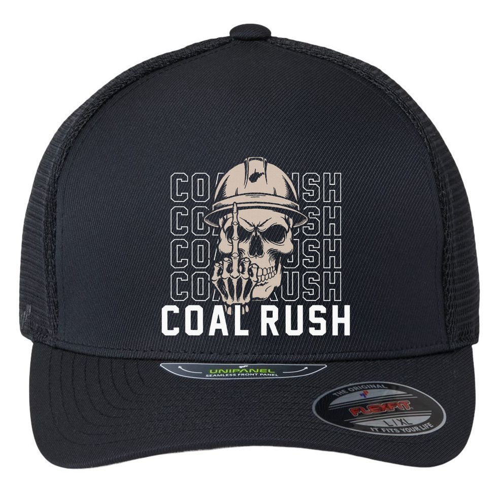Coal Rush West Virginia Skull Coal Miner Hard Hat Flexfit Unipanel Trucker Cap