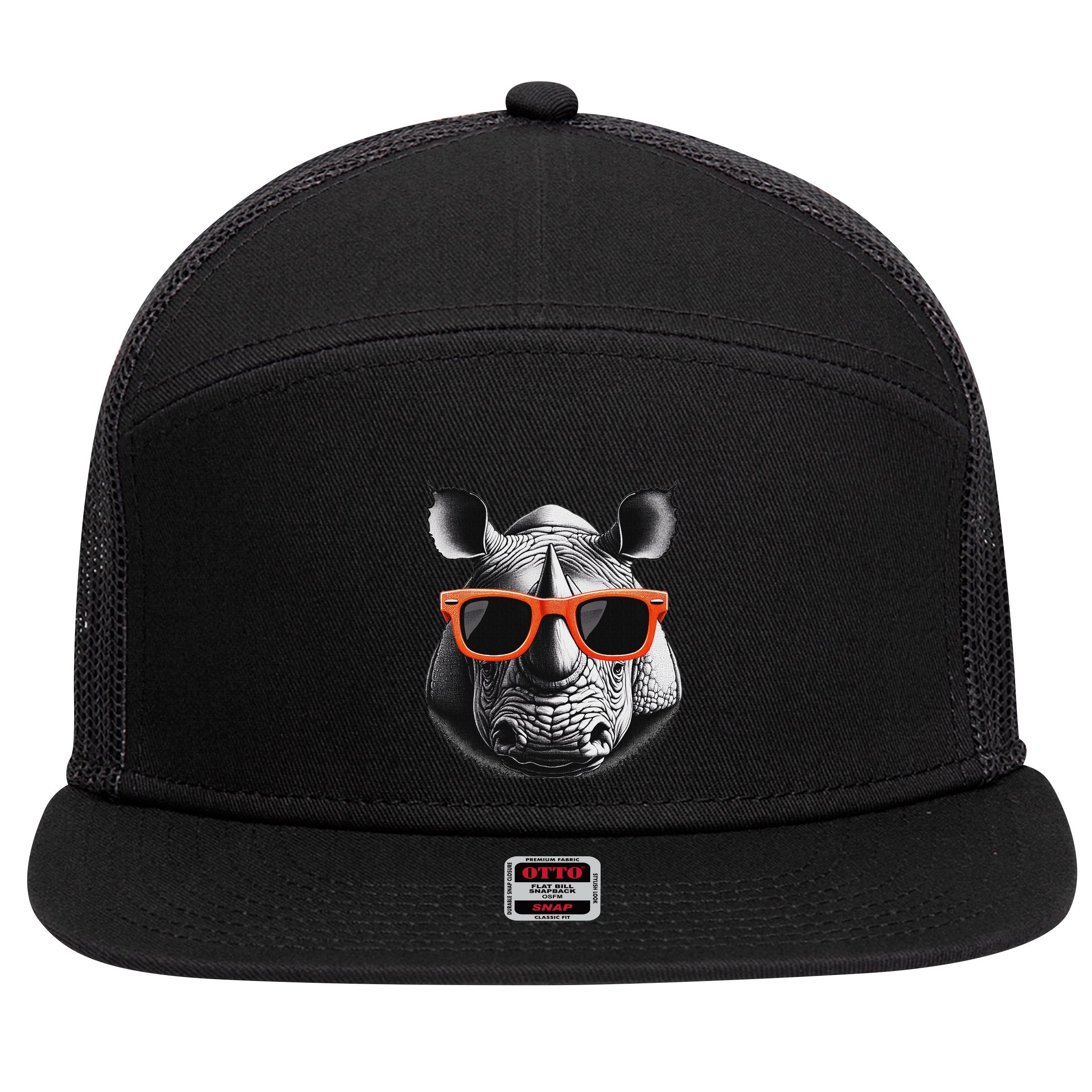 Cool Rhino Wearing Sunglasses Graphic Art 7 Panel Mesh Trucker Snapback Hat
