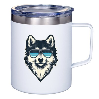 Cool Retro Wolf In Sunglasses 70s 80s 90s Novelty Funny Wolf 12oz Stainless Steel Coffee Mug